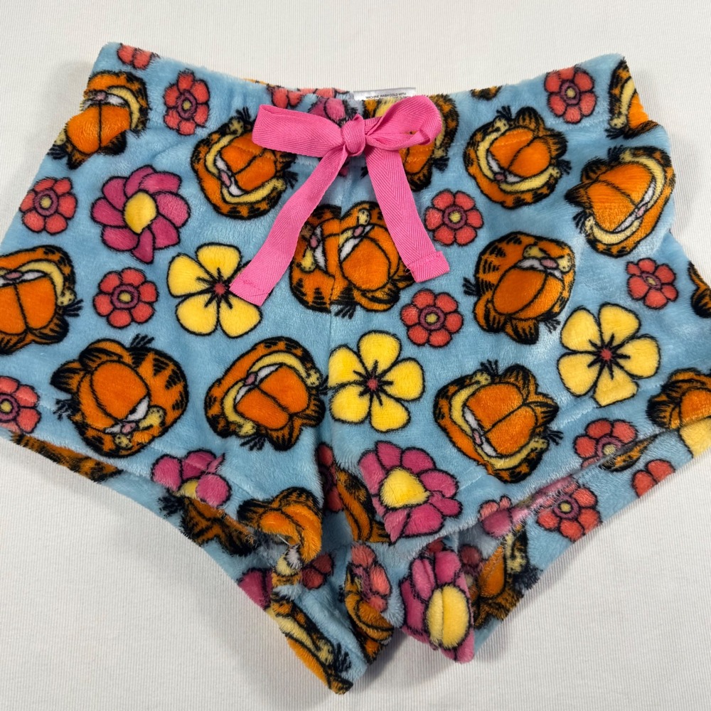 Garfield Sleep Shorts Size M Blue Floral Plush Fleece Loungewear‎ NK1019-50